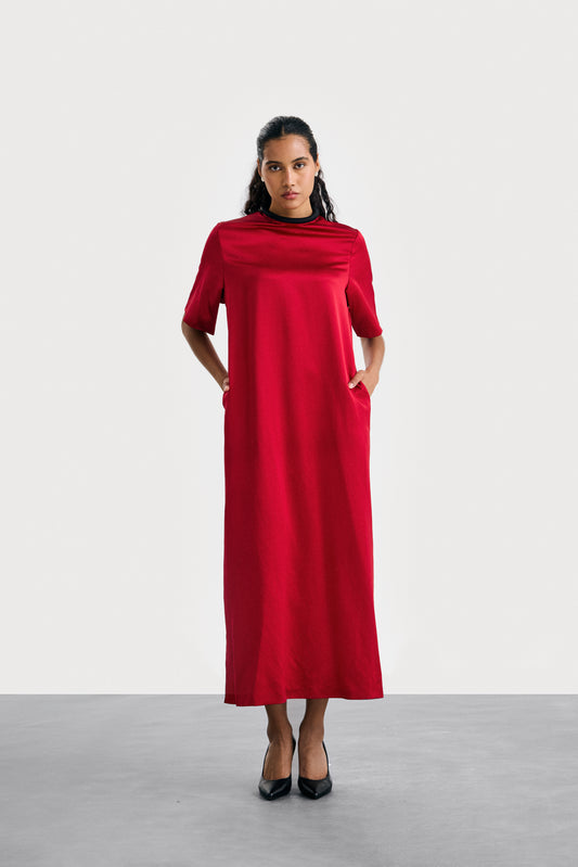 Red Silk Tshirt Dress Long